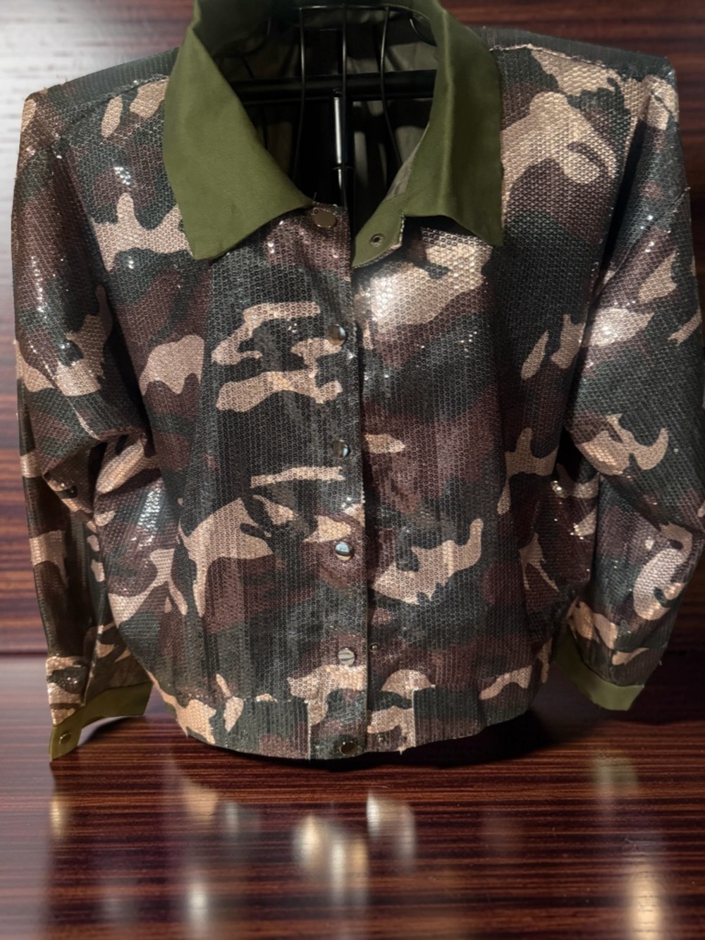 Sequin Camo Button-Front Jacket with Olive Trim - 1X - New